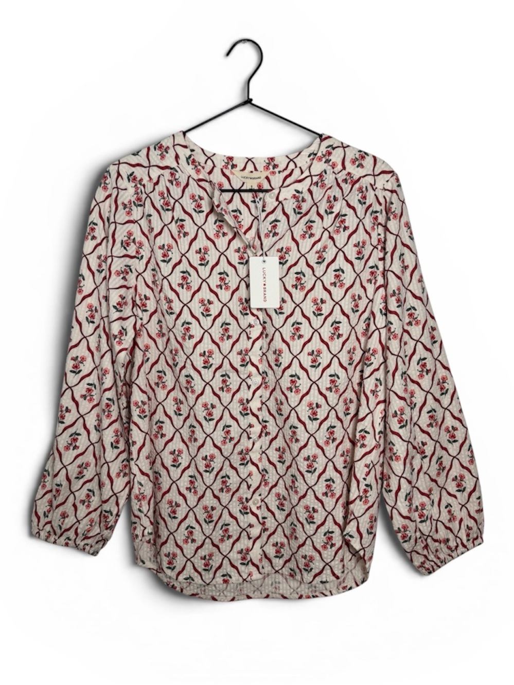 Lucky Brand Red Green Off White Floral Lattice Long Sleeve Button Down Blouse